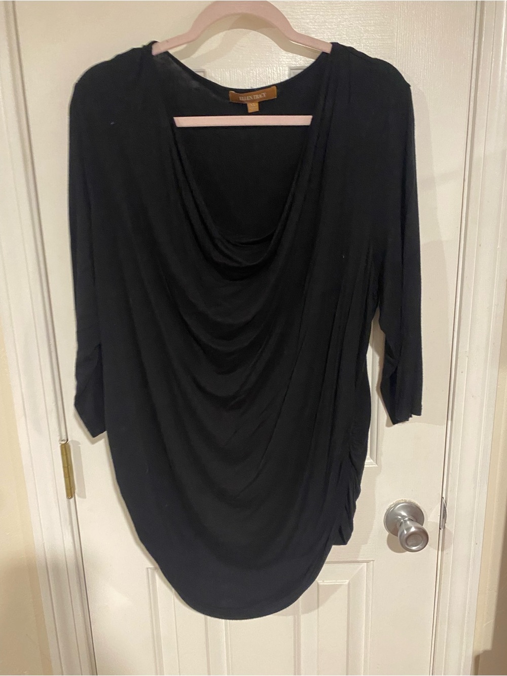Ellen Tracy Black Draped Cowl Neck Tunic Top